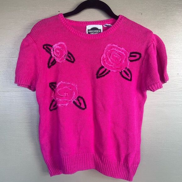 Vintage Greenwich Square Knit Pink Rose Balloon Cap Sleeves - Picture 1 of 8